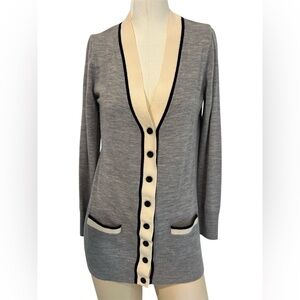 Halogen Merino Wool Gray and Cream V Neck Boyfriend Long Cardigan, Size Petite M